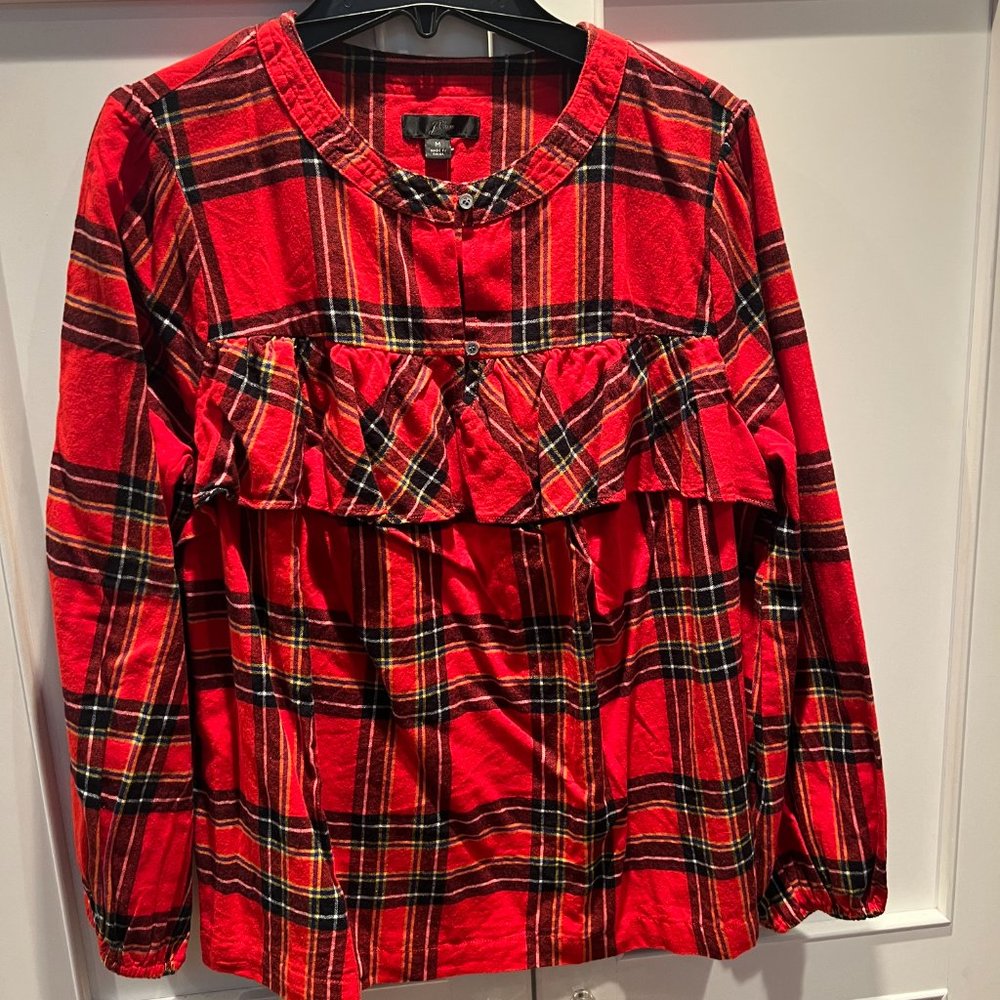 JCREW Festive Red Plaid Ruffle Top in Size M – NWT